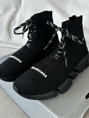 Balenciaga Speed 2.0 Lace Up Sneakers Black Knit Sock Shoes EU 40